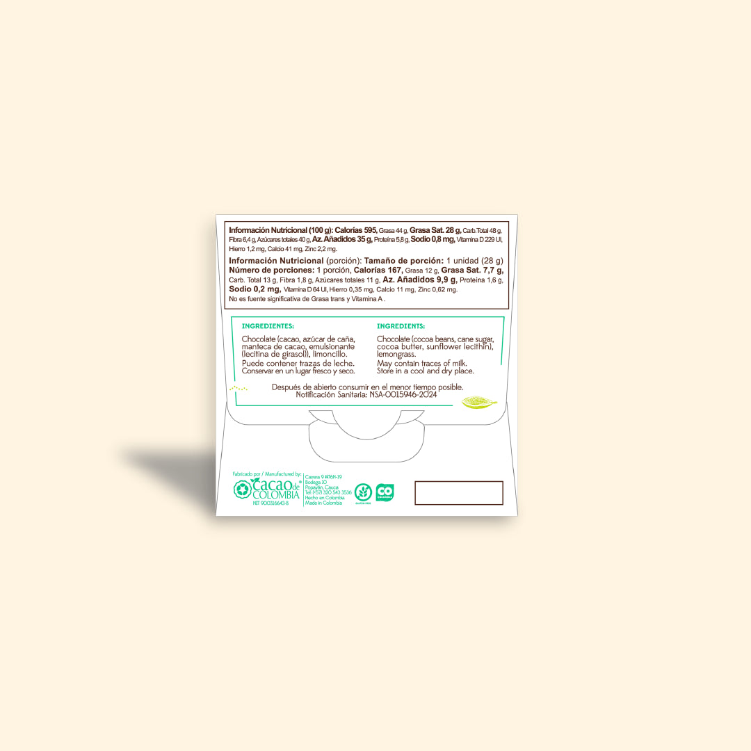 Chocolate semiamargo con Limoncillo 64% - Tableta por 28g